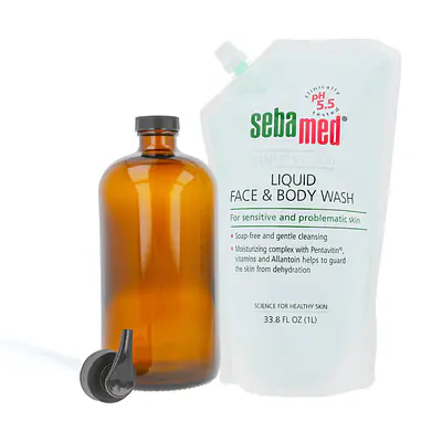 Liquid Face & Body Wash - 1000ml Refill Pack + 32oz Amber Glass Bottle With Locking Pump Dispenser secondary image
