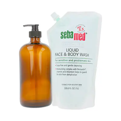 Liquid Face & Body Wash - 1000ml Refill Pack + 32oz Amber Glass Bottle With Locking Pump Dispenser primary image