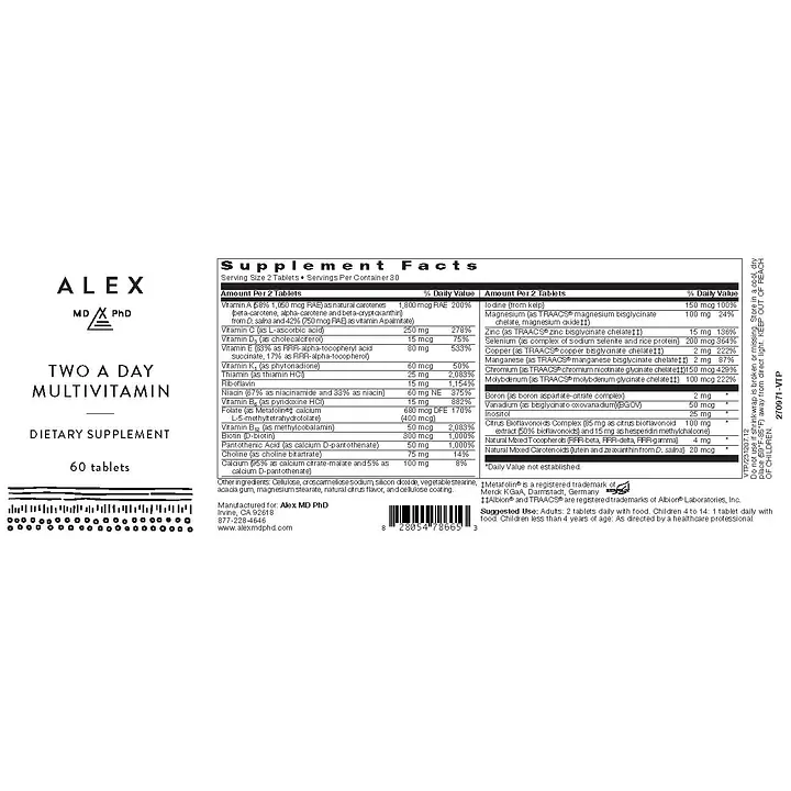 Alex MD PhD Two A Day Multivitamin (Allergen & Preservative-Free) - 60 tablets - Master