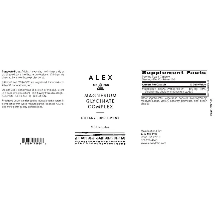 Alex MD PhD Magnesium Glycinate Complex (Allergen & Preservative-Free) - 100 capsules - Master