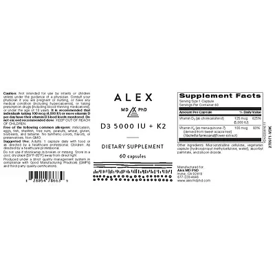 Alex MD PhD D3 5000 IU + K2 (Allergen & Preservative-Free) - 60 Capsules secondary image