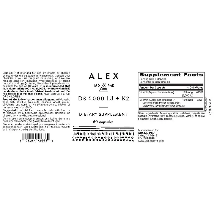 Alex MD PhD D3 5000 IU + K2 (Allergen & Preservative-Free) - 60 Capsules - Master